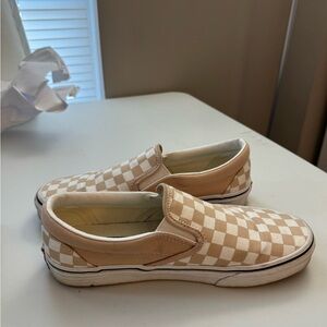 Vans Tan and White Checkerboard Slip-On Sneakers